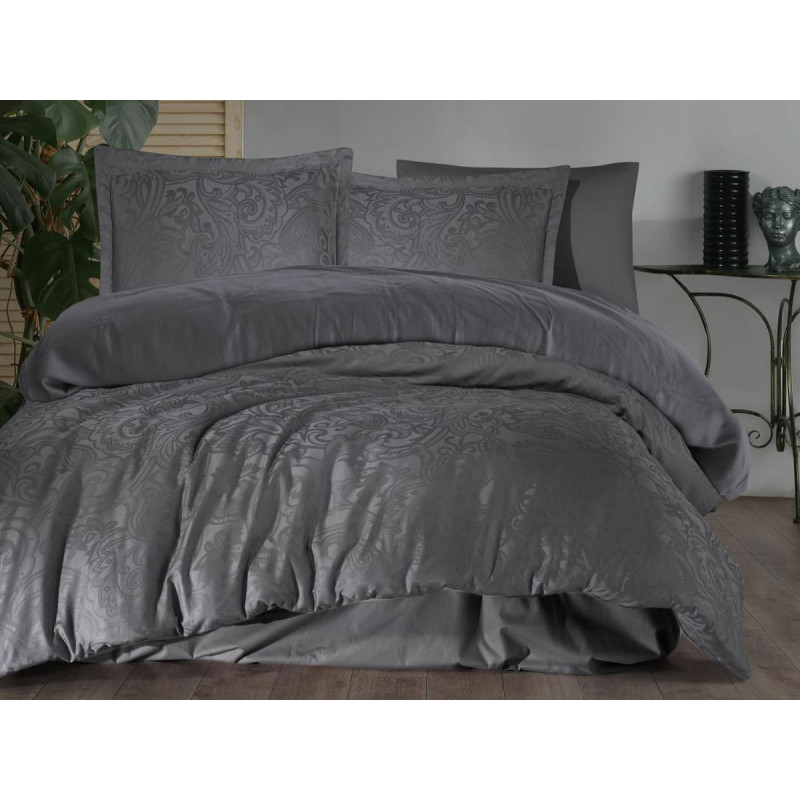 Satīna žakarda gultas veļa 220x200 Hemera 1 grafīta vienkrāsaini ornamenti kastītē