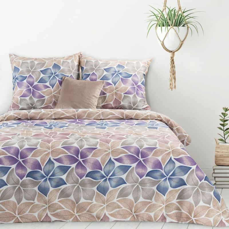 Kokvilnas gultasveļa 220x200 Ida 05 bēša ar purpursarkaniem ziediem