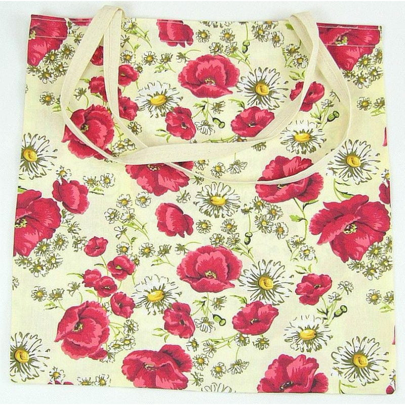 Kokvilnas iepirkumu maisiņš 37x38 krēmkrāsas kokvilnas kumelīšu magones 6859