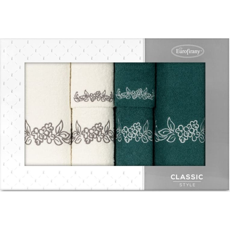 Dvieļu komplekts kastītē 6 gab.Clavia green tumši krēmkrāsas ziedi 380g/m2