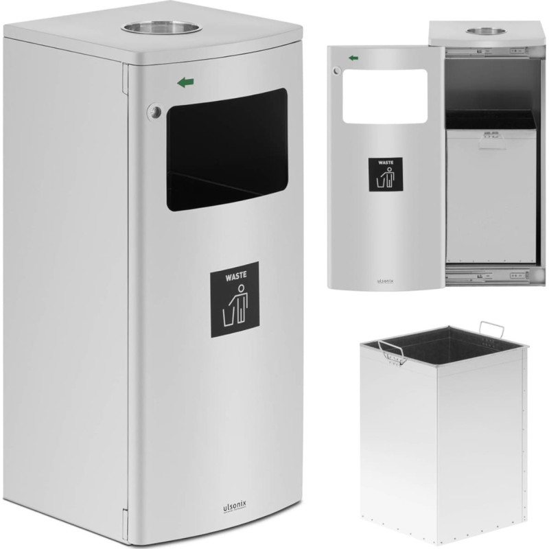 Ulsonix Taisnstūra āra atkritumu tvertne ar pelnu trauku STEEL sudraba