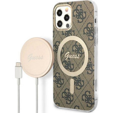 Zestaw Guess GUBPP12MH4EACSW Case+ Charger iPhone 12|12 Pro brązowy|brown hard case 4G Print MagSafe