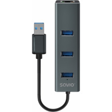 Savio AK-57 USB-A - 3 x USB-A HUB with RJ-45 Gigabit Ethernet adapter, 5000 Mbit/s, grey