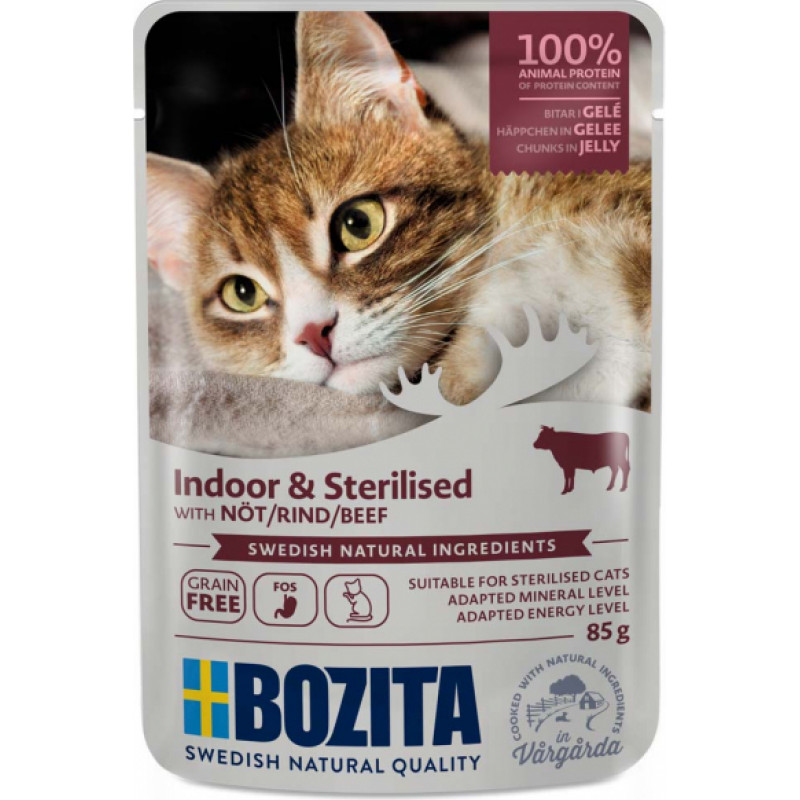 Bozita (Se) Bozita Indoor&Sterilized Beef Gelly, 85g - bezgraudu gaļas gabaliņi ar liellopu želejā sterilizētiem un mājas kaķiem