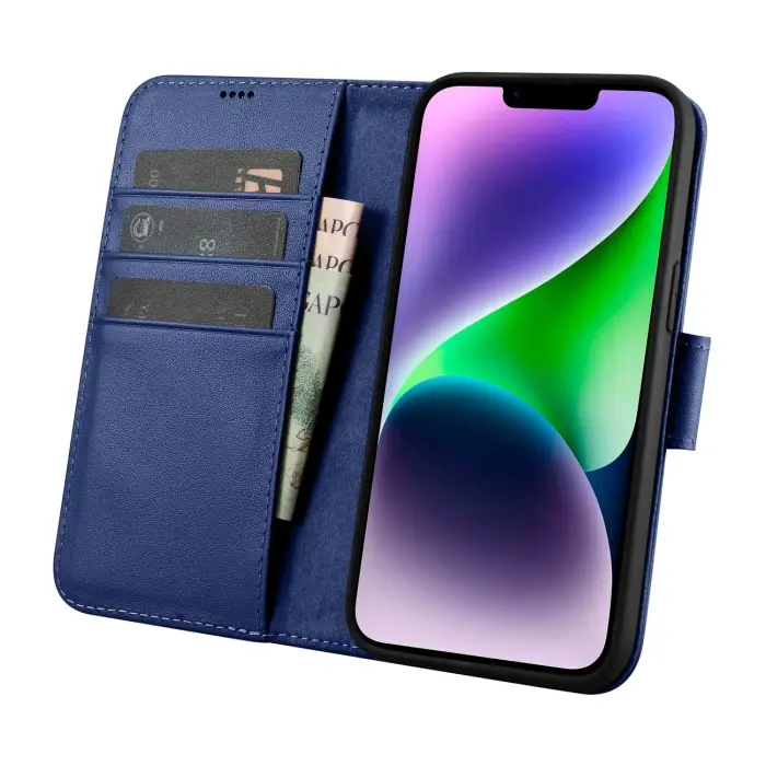 Чехол-книжка 2-in-1 из натуральной кожи с Anti-RFID для iPhone 14 Plus, синий