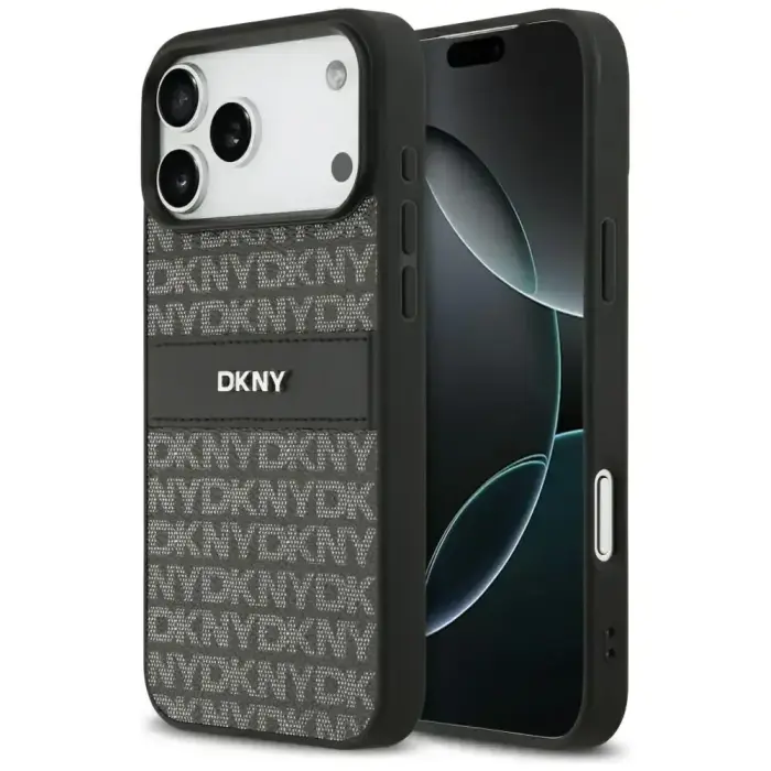 DKNY Repeat Texture Pattern with Tonal Stripe Case for iPhone 17 Pro Max Black