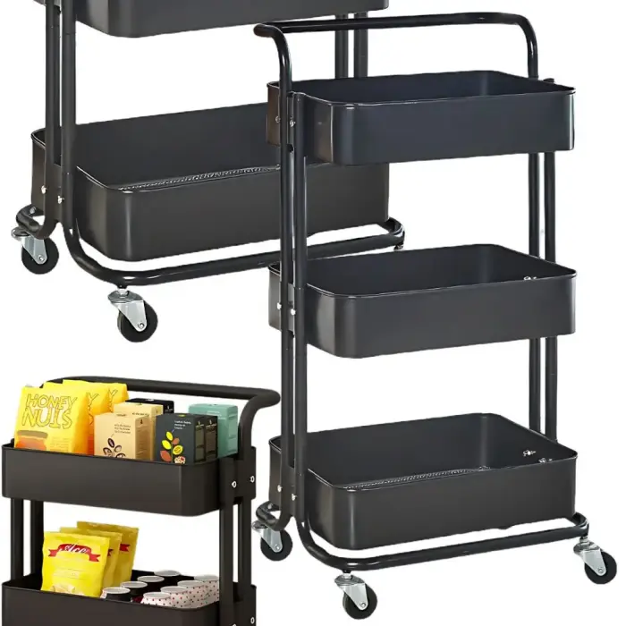 Kitchen and bathroom shelving unit on wheels trolley 3 levels metal organiser