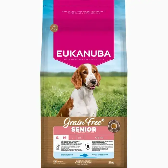 Eukanuba Senior maziem un vidējiem suņiem bez graudiem ar okeāna zivīm, sausā barība, 3 kg