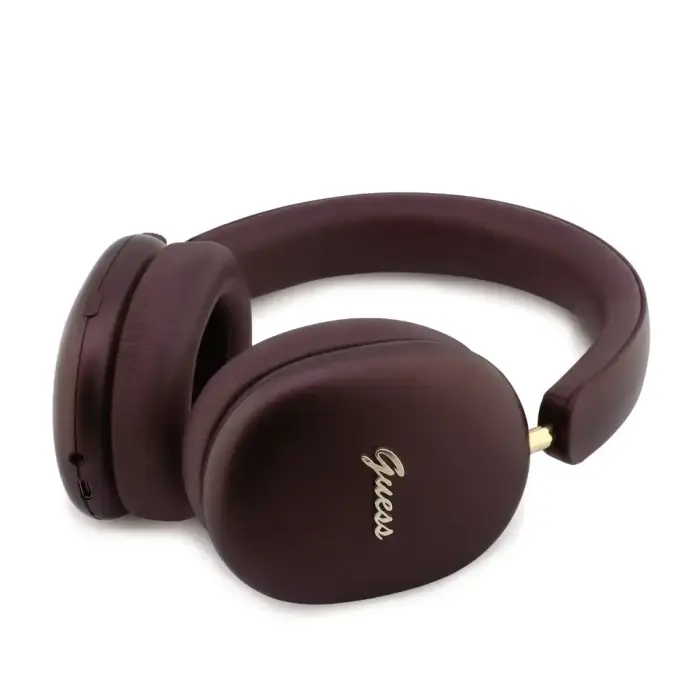 Guess Metallic Finish Gold Script Logo ENC Wireless Headphone Burgundy