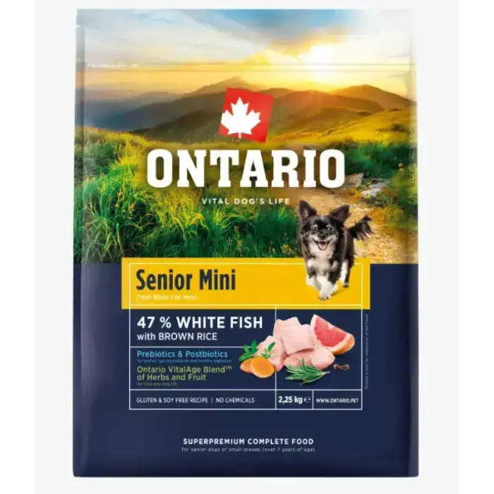 Dog food – Ontario Senior Mini, Fish and Brown Rice, 2.25 kg Mini
