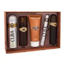 Cuba Must Have Gold dāvanu komplekts: EDT 100 ml, EDT 35 ml, pēcskūšanās losjons 100 ml, dušas želeja 200 ml un dezodorants-sprejs 200 ml