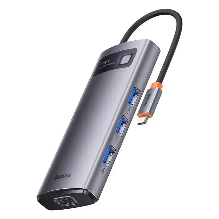 Док-станция Baseus Metal Gleam Series HUB 7-в-1 USB-C с HDMI, VGA, 3xUSB 3.2, Power Delivery, RJ-45 Ethernet – серая