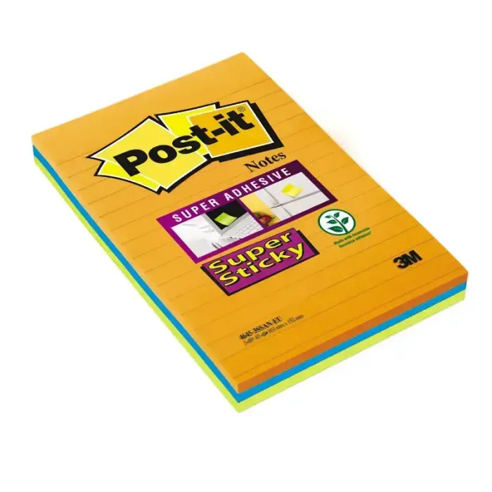 Piezīmju līmlapiņas Post-it Super Sticky līniju, 101x152mm, krāsainas, 3 gab./iepak.