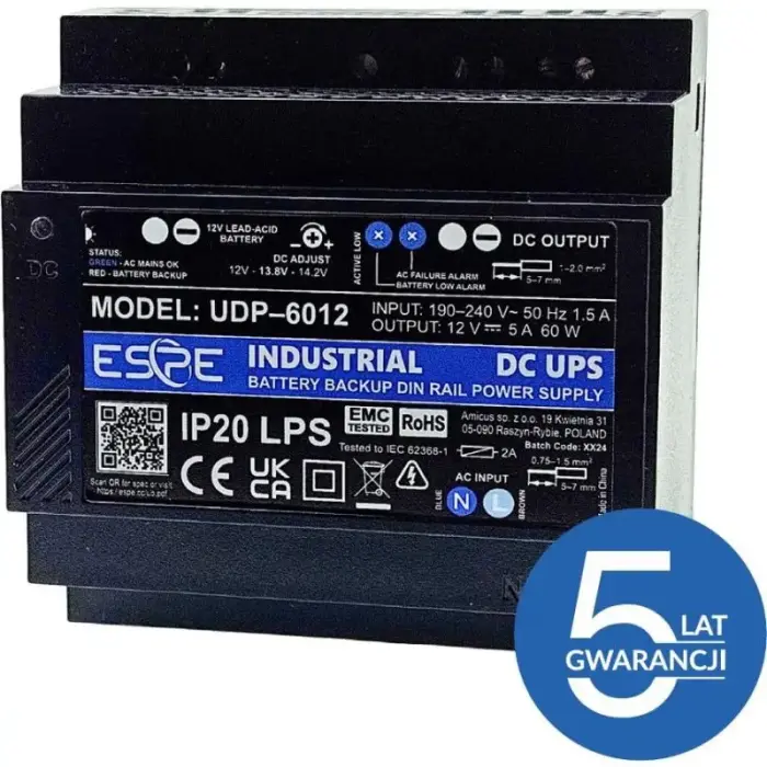 ESPE UDP-6012 12V 60W 5A DIN Rail Switching Buffered Power Supply
