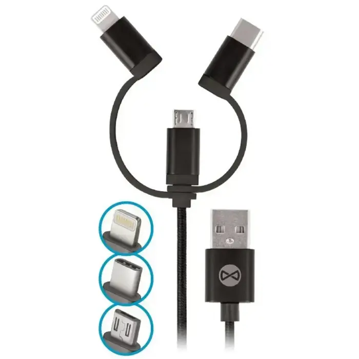 Forever 3-in-1 andmeedastus- ja laadimiskaabel | USB-A kuni Lightning, USB-C, Micro USB | 7.5W | 1m | must