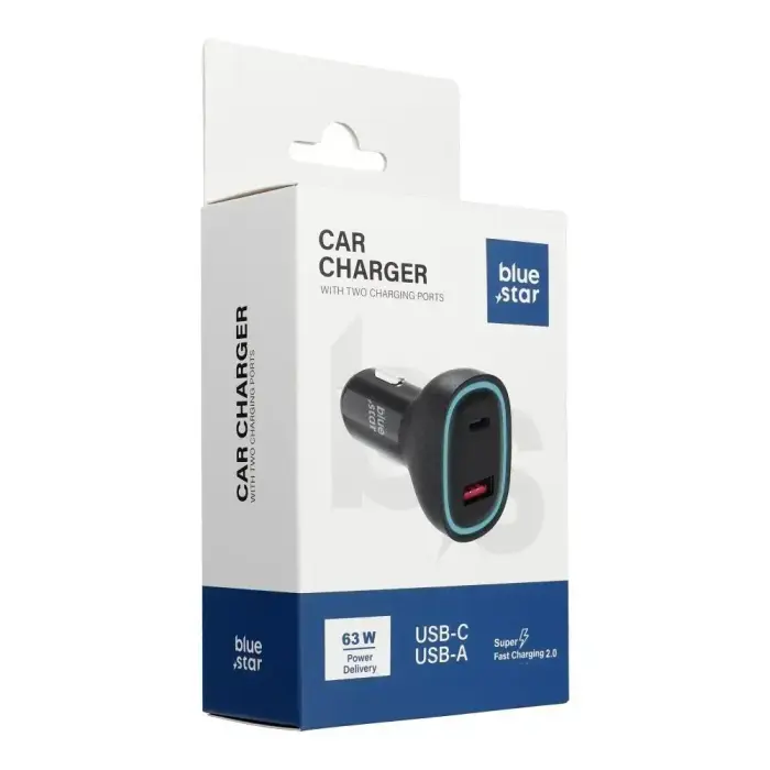 BLUE STAR autolaadija | 63W | PD, QC, PPS | USB-C, USB-A | must