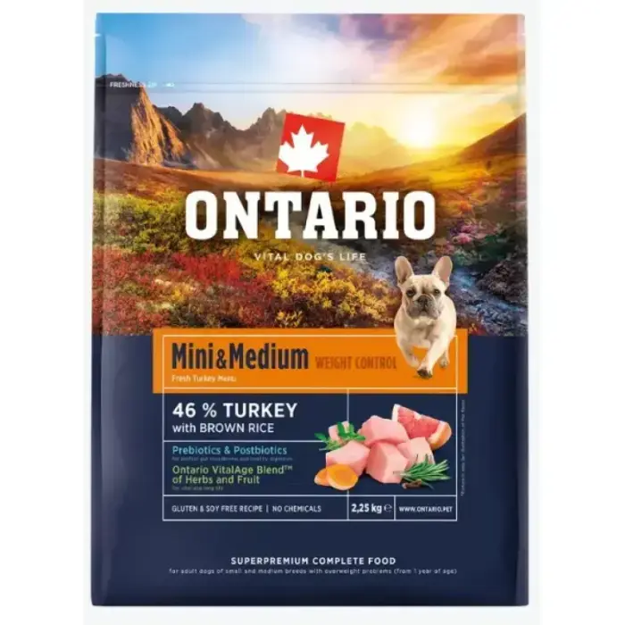 Dog food – Ontario Mini and Medium, Weight Control, Turkey and Brown Rice, 2.25 kg
