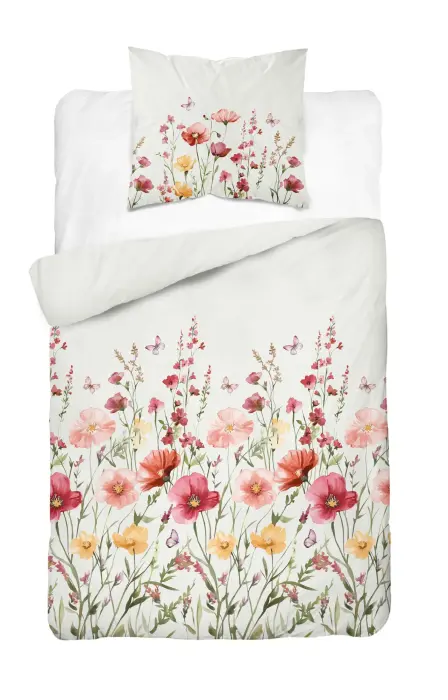 Puuvillane voodipesu komplekt 140x200 cm valge punaste, roosade ja kollaste metsalilledega – Botanic Calm