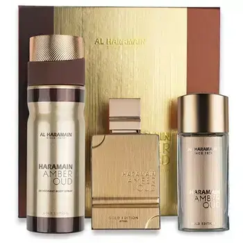 Al Haramain Amber Oud Gold Edition Extreme Dovanų rinkinys: Parfumo ekstraktas 75 ml, Parfumo ekstraktas 30 ml ir Kūno šydas 250 ml