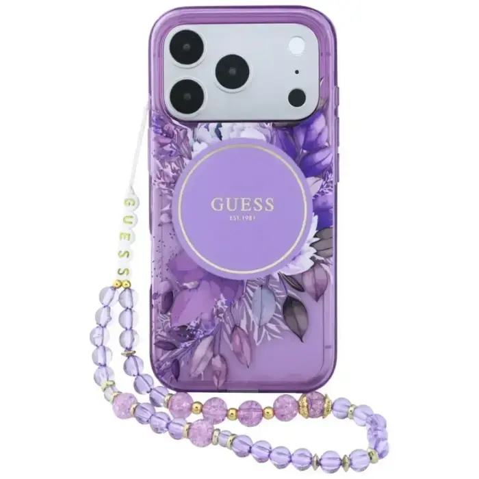 Guess IML Flowers Pearl Strap MagSafe Case for iPhone 18 Pro / 17 Pro - Purple