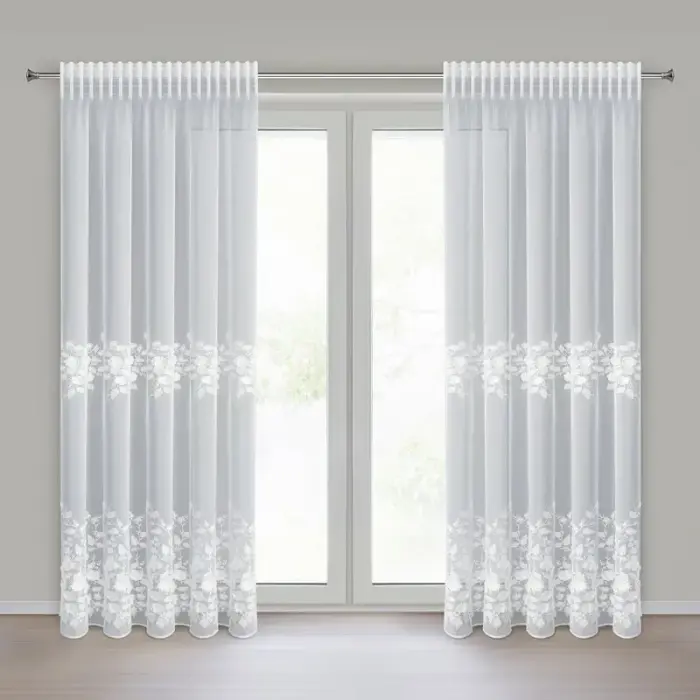 Caurspīdīgais aizkars Rosie 3 3D Eva Minge Eurofirany 140x270 cm, baltā krāsā, uz lentes, ar izšuvumu