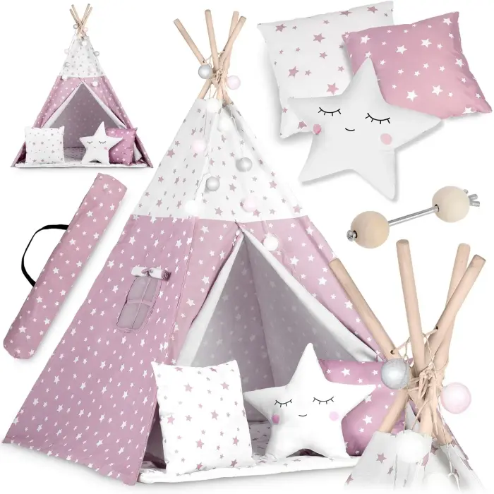 Laste tipi telk tuledega Nukido - Roosa tähtedega