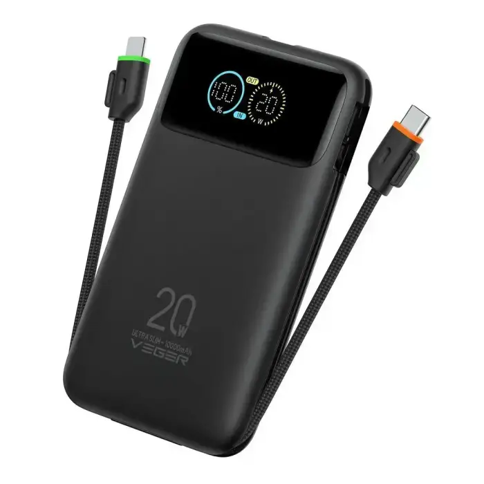 Powerbank Veger Fuerza 10 (W1212B) PD 20W 10000 mAh with built-in cables USB C / Lightning black