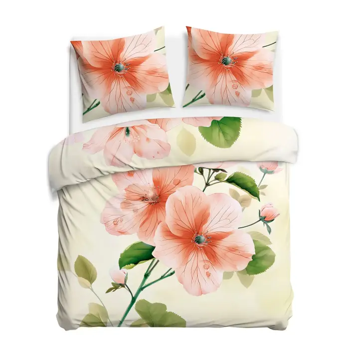 Satininis patalynės komplektas 160x200 cm kreminis su didelėmis oranžinėmis gėlėmis ir žaliais lapais SATYNLOVE PREMIUM