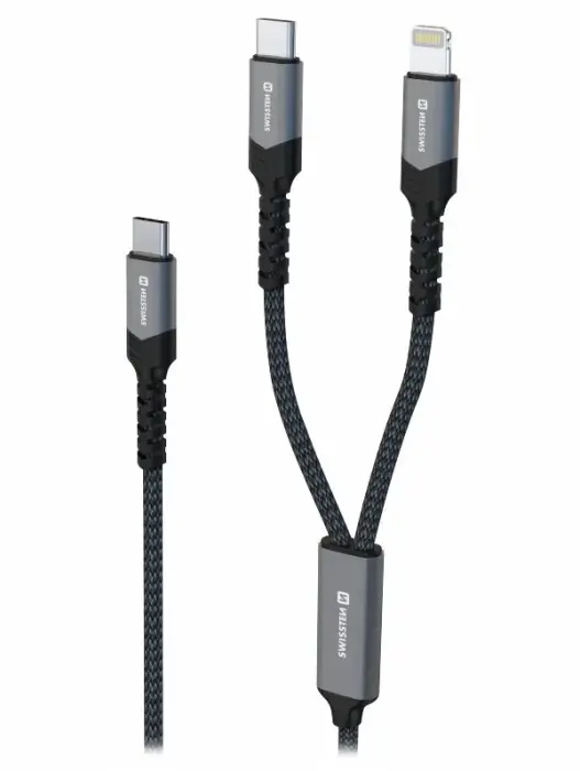 Swissten nabíjecí кабель 2v1 USB-C / USB-C + lightning 100w 1,5 m чёрный