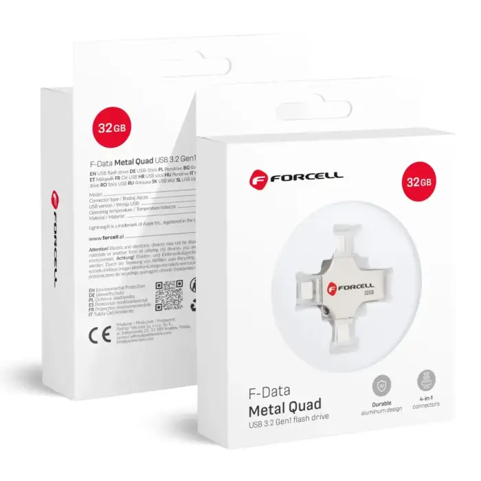 Forcell F-Data Metal Quad 32GB USB 3.2 Gen 1 atmintinė (USB-A / USB-C / Lightning / Micro-USB) – sidabrinė