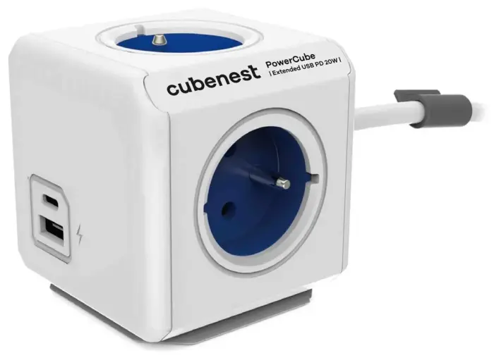 Cubenest Powercube Extended USB PD 20W, A+C, 4× zásuvka, 1,5m, bílá/modrá, dětská pojistka, uzemnění, dok, 10A/250V