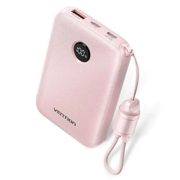 Vention 10000 mAh Power Bank with 2 USB-C and 1 USB-A Ports, Display, 22.5 W, Pink
