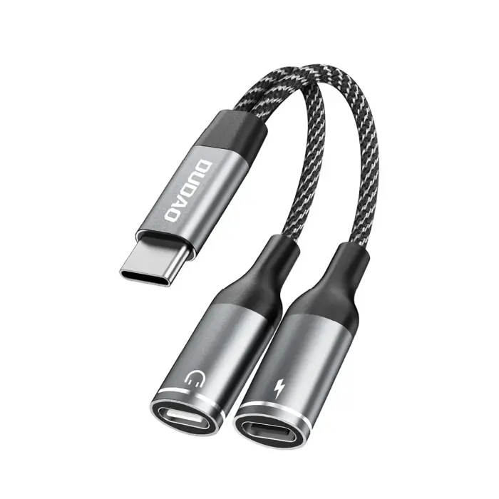 Dudao L13C+ 2-in-1 adapter USB-C toite ja kõrvaklappide jagaja - hall