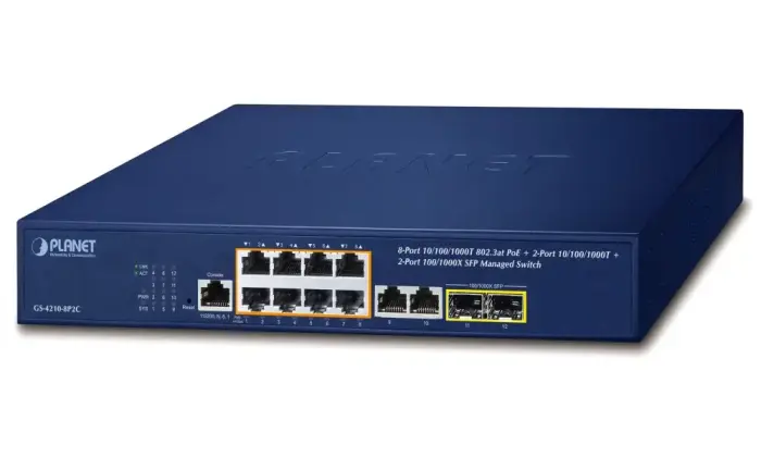PLANET GS-4210-8P2C PoE switch L2/L4, 10x GbE RJ-45, 2x SFP, 8x 802.3at do 120W, Web/SNMP v3, extend mód 10Mb