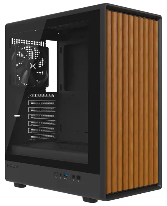 Krux PC Case Heliora / ATX / 120mm fan / USB3.0 / USB-C / zaoblená / dřevěný design panelu / black