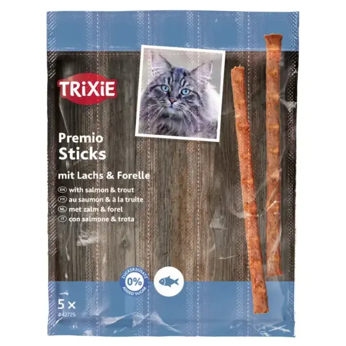 Trixie Premio Quadro Sticks kačių skanėstai nuo plaukų sąvėlų su lašiša ir upėtakiu, 5x5 g