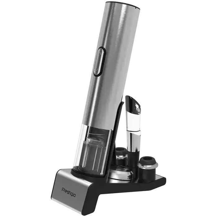 Prestigio Garda, smart wine opener, simple operation with 2 buttons, aerator, vacuum stopper preserver, foil cutter, opens up to 50 bottles wihout recharging, premium design, 500mAh battery, Dimensions D 17mm* H 290mm* W100 mm, silver color.