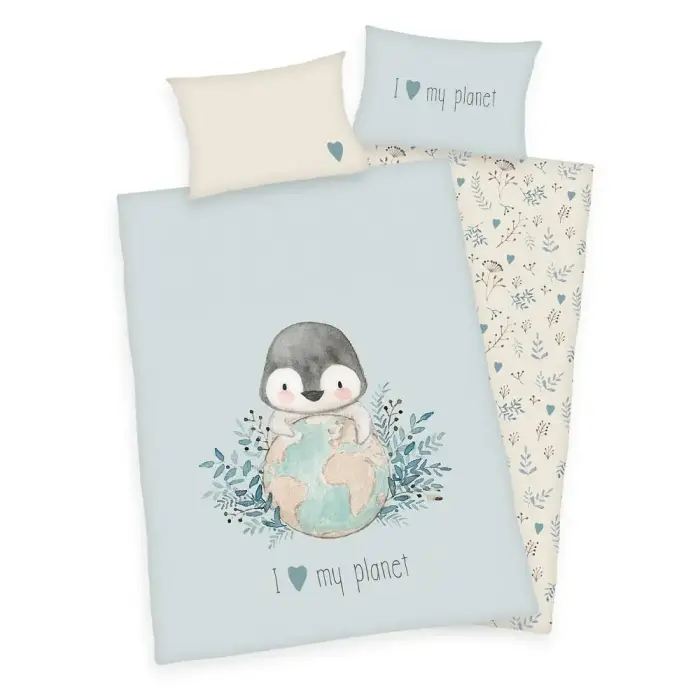 Bērnu kokvilnas gultas veļas komplekts 100x135 cm Penguin Creamy Blue