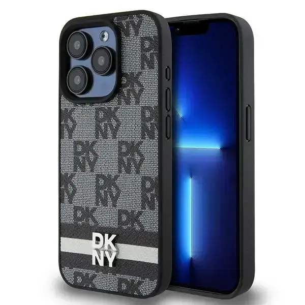 DKNY Leather Checkered Mono Pattern & Printed Stripes Case for iPhone 15 Pro Max - Black
