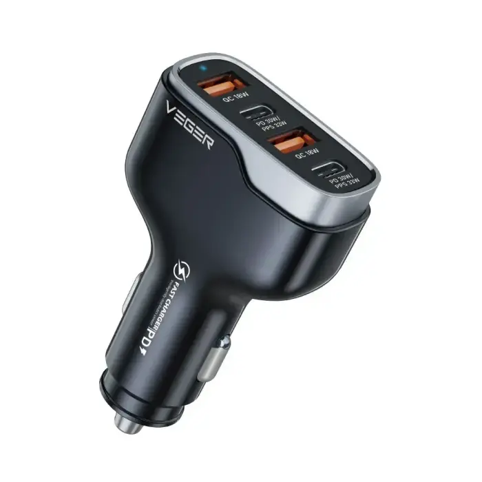 Veger Autolaadija 2x USB-A + 2x USB-C PD QC 66W, Must