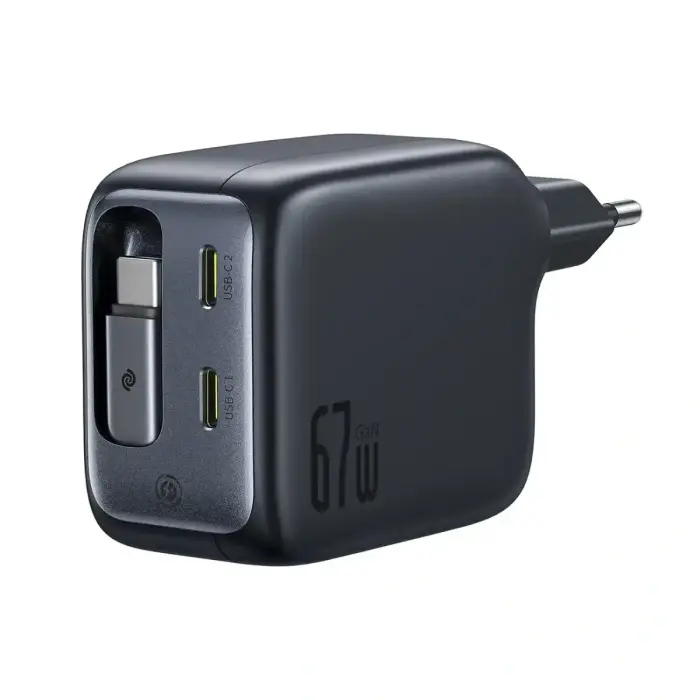 Baseus EnerCore CJ11 67W sienas lādētājs ar diviem USB-C portiem un ievelkamu USB-C kabeli - Melns