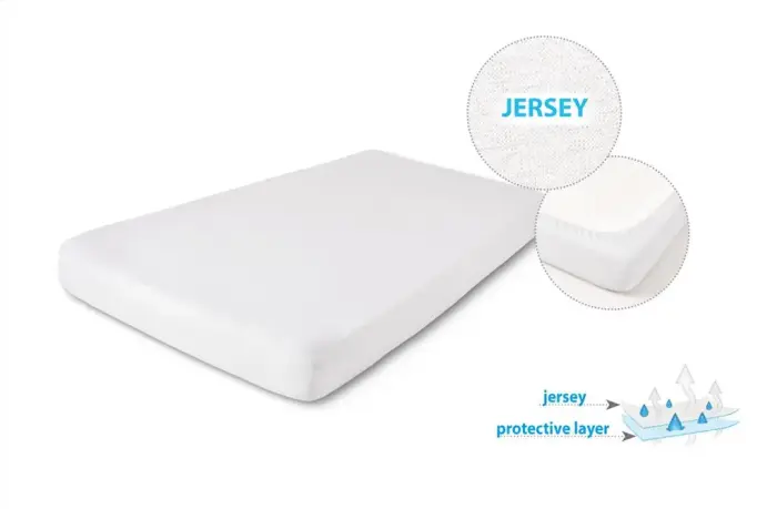 Jersey sheet 100x200x30 cm, white, fitted, waterproof, 160 g/m²