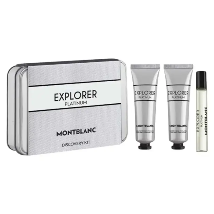 Montblanc Explorer Platinum Set: Eau De Parfum 7.5 ml, Hydrating Face Cream 30 ml, Hydrating Shower Gel 30 ml (For Men, All Skin Types)
