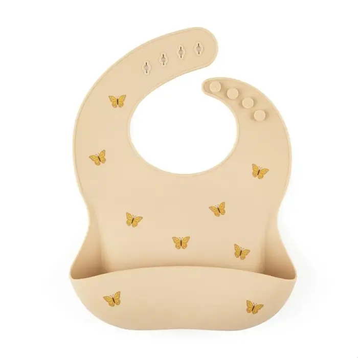 PETITE&MARS Silicone Bib with Butterflies, Beige 6m+