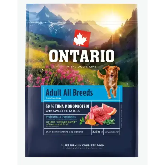 Koeratoit – Ontario Adult All Breeds, monoproteiinne, tuunikala ja maguskartul 2.25 kg