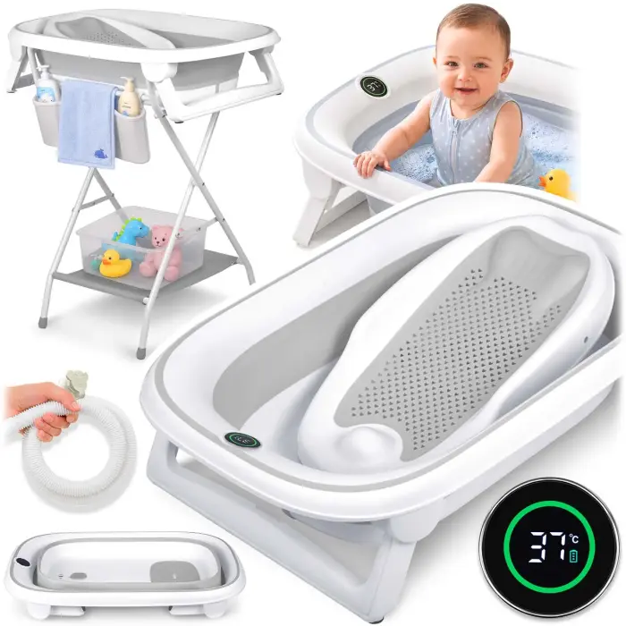 Foldable baby bath with stand, thermometer and insert Nukido NK-279 white-grey