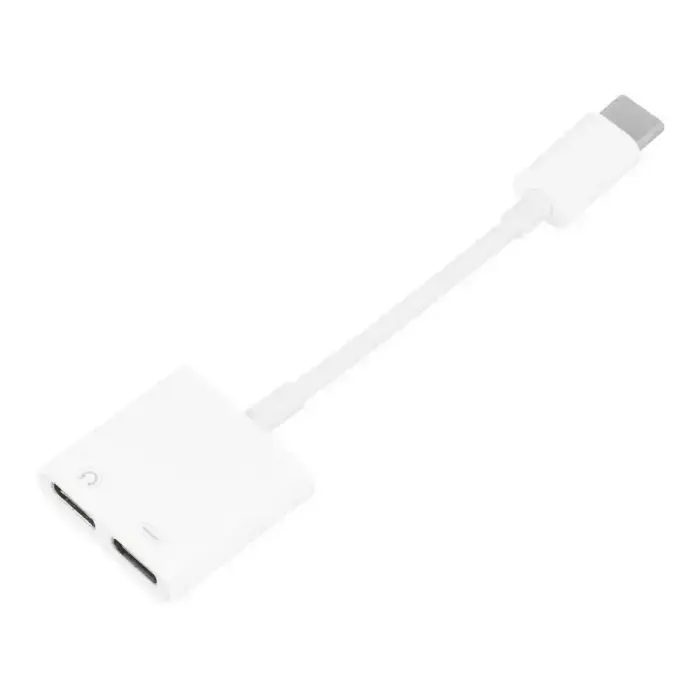 2-in-1 USB-C į dvigubą USB-C garso ir įkrovimo adapterį – Baltas