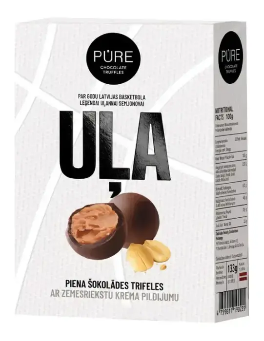 Piena šokolādes trifeles ar zemesriekstu krēma pildījumu "UĻA" 133g PURE CHOCOLATE