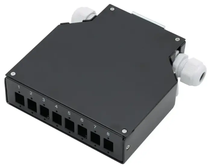 XtendLan mini DIN rail distribution box, 8x SC Simplex, 4 entry holes, cover, black