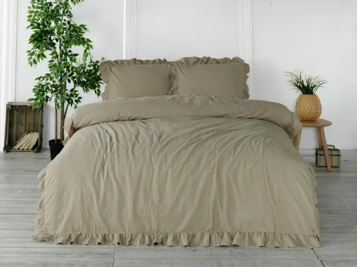 Puuvillane voodipesu komplekt 160x200 cm Beež volangiga Stonewashed OxFordtan